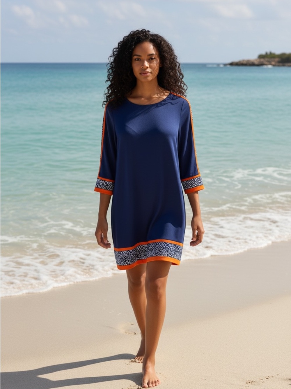 Michael Kors Navy Shift Dress with Orange Trim - Picture 3 of 6